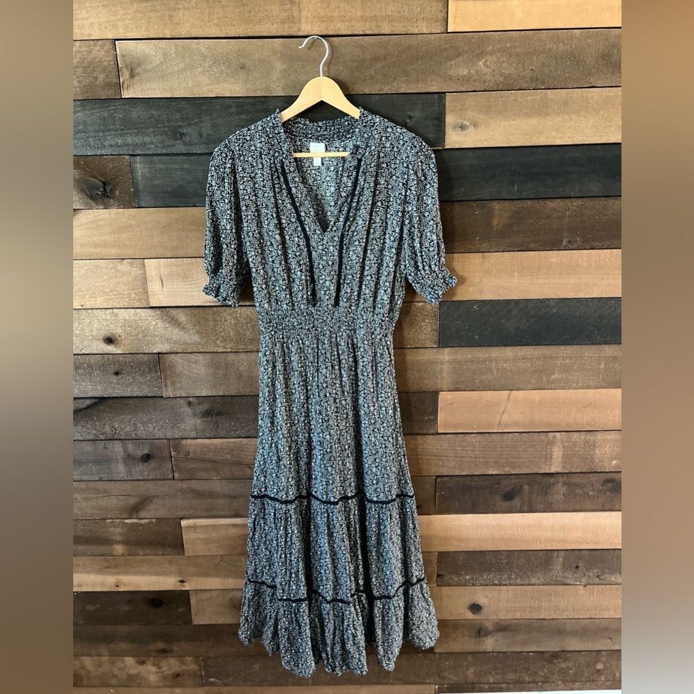 Roan + Ryan Black White Floral Smocked Maxi Dress Boho Cottagecore S